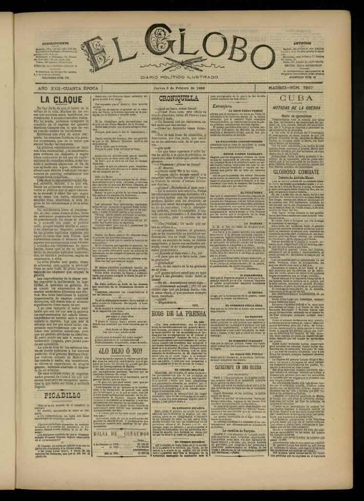 Miniatura de El Globo : diario ilustrado del 6 de febrero de 1896, nº 7387