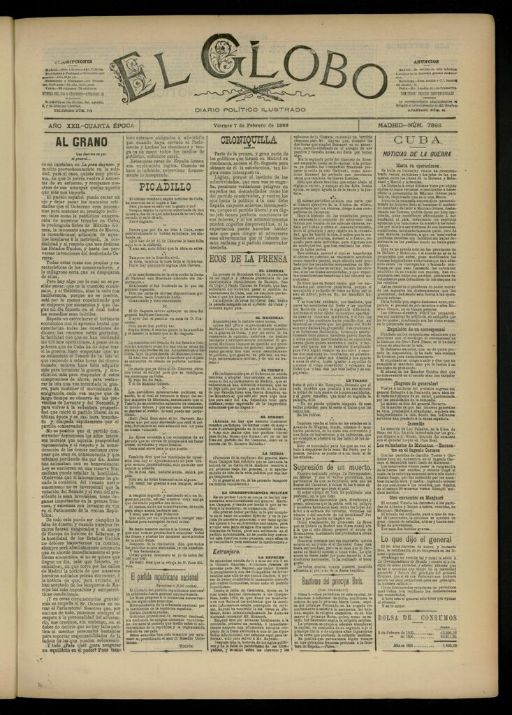 Miniatura de El Globo : diario ilustrado del 7 de febrero de 1896, nº 7388
