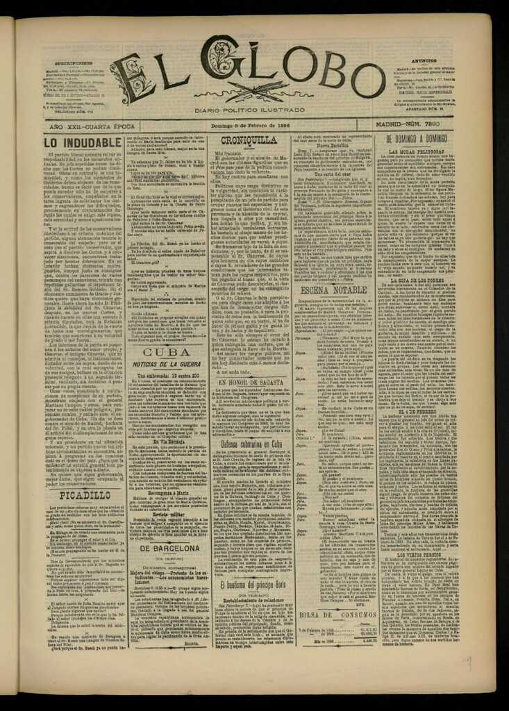 Miniatura de El Globo : diario ilustrado del 9 de febrero de 1896, nº 7390