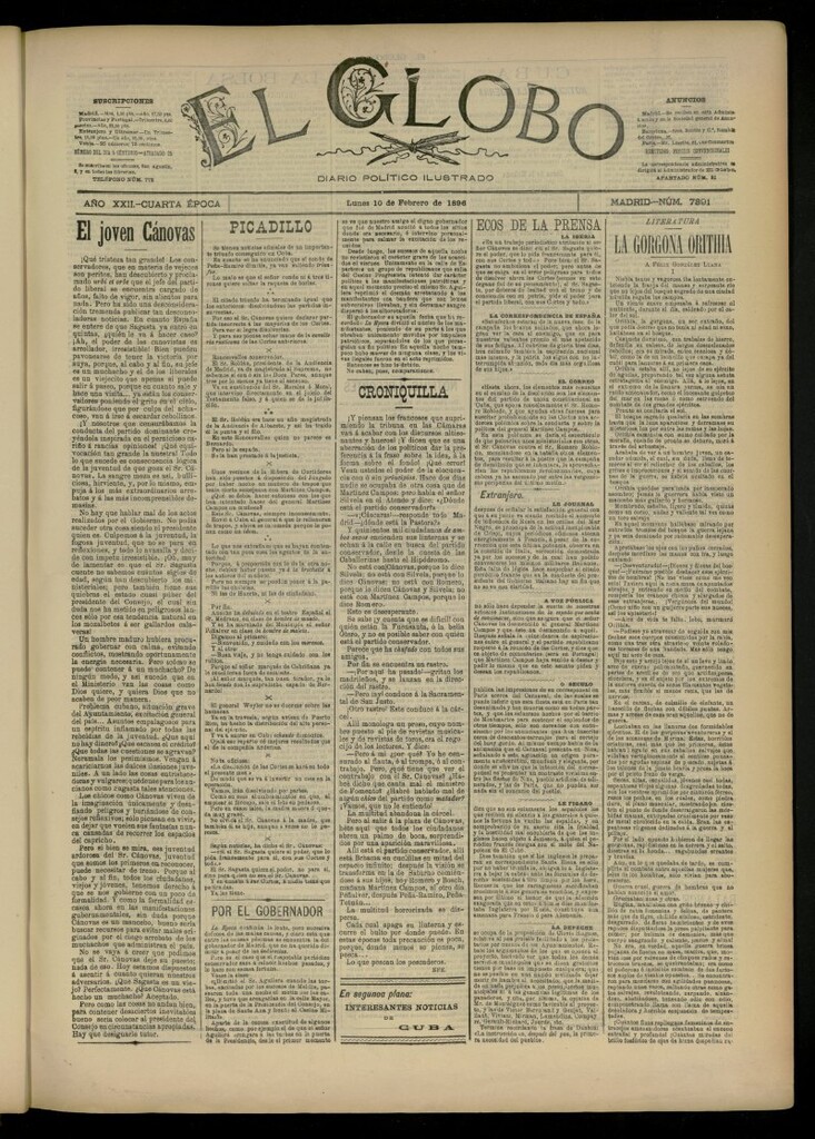 Miniatura de El Globo : diario ilustrado del 10 de febrero de 1896,nº 7391
