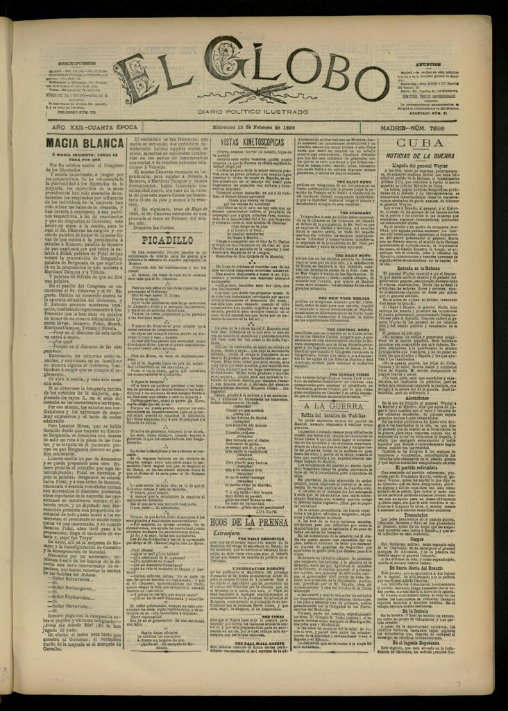 Miniatura de El Globo : diario ilustrado del 12 de febrero de 1896, nº 7393