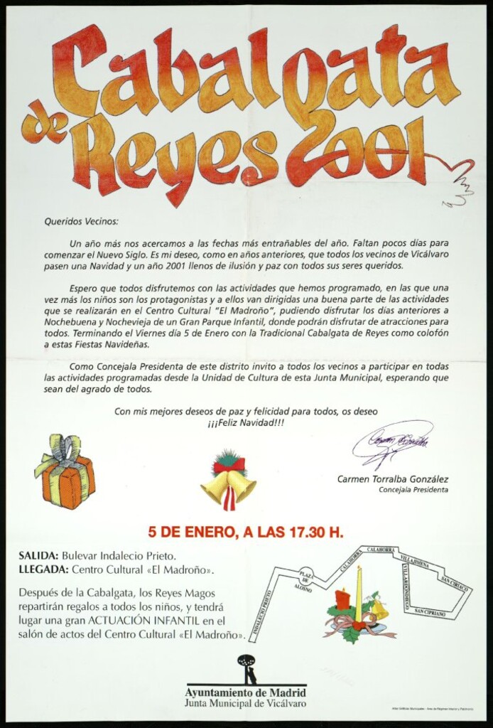 Miniatura de Cabalgata de Reyes 2001, 5 de enero a las 17:30 . Carta a los vecinos de Carmen Torralba de González, concejala presidenta. (Recorrido)