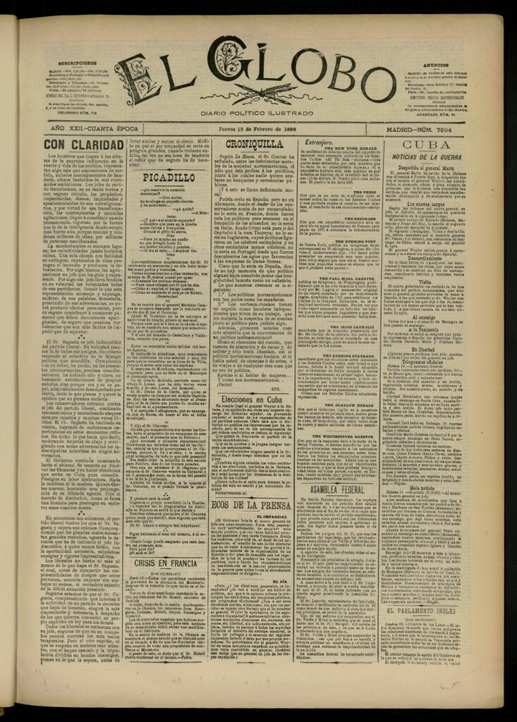 Miniatura de El Globo : diario ilustrado del 13 de febrero de 1896, nº 7394