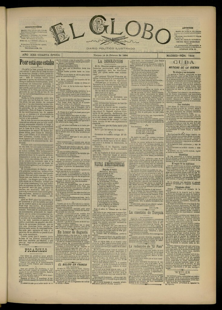 Miniatura de El Globo : diario ilustrado del 14 de febrero de 1896, nº 7395