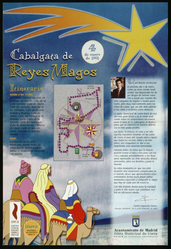 Miniatura de Cabalgata de Reyes Magos. 4 de enero de 2002. (Recorrido y Carta del Concejal Presidente de la Junta Municipal de Usera)
