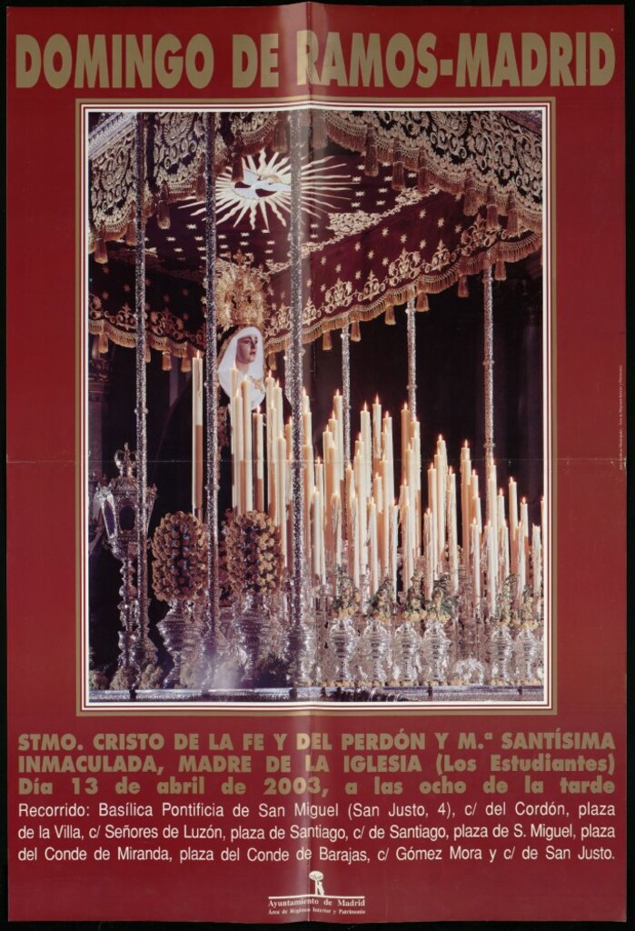Miniatura de Domingo de Ramos-Madrid. Santísimo Cristo de la Fé y del Perdón. Y María Santísima Inmaculada, Madre de la Iglesia. (Los estudiantes). Día 13 de abril de 2003 a las 8 de la tarde. (Recorrido)