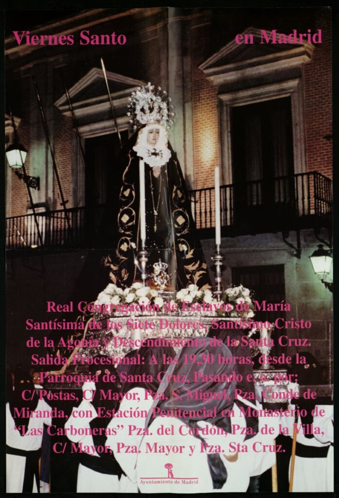 Miniatura de Real congregación de esclavos de María Santísima de los siete dolores, Santísimo Cristo de la Agonía y descendimiento de la Santa Cruz. Salida procesional: a las 19:30 horas. (Recorrido)