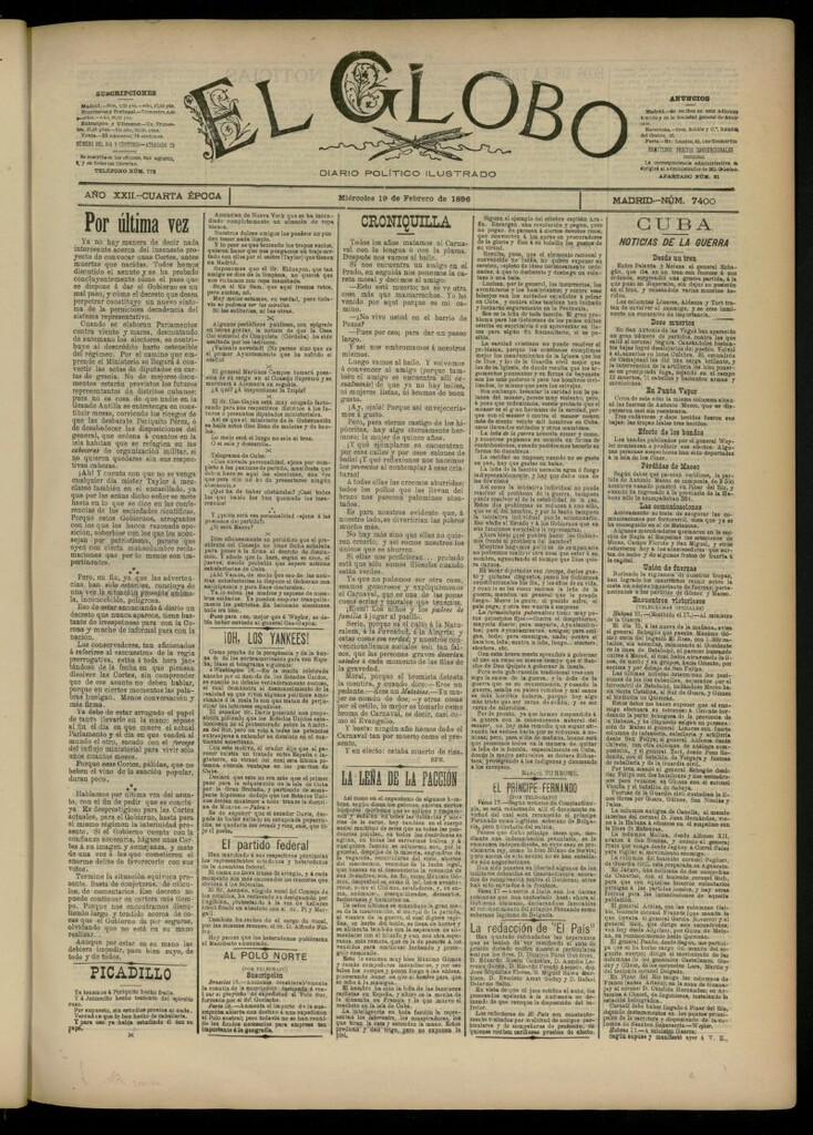 Miniatura de El Globo : diario ilustrado del 19 de febrero de 1896, nº 7400
