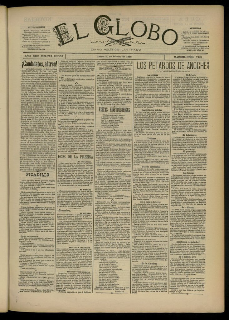 Miniatura de El Globo : diario ilustrado del 20 de febrero de 1896, nº 7401