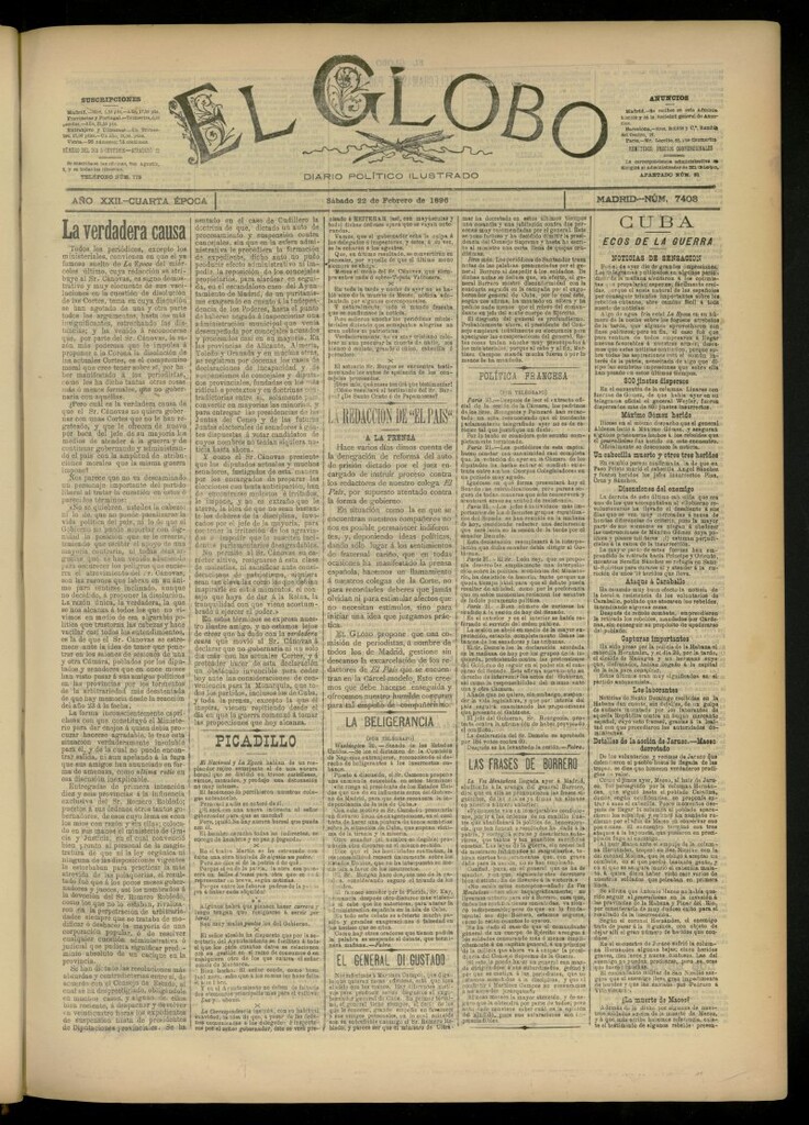 Miniatura de El Globo : diario ilustrado del 22 de febrero de 1896, nº 7403