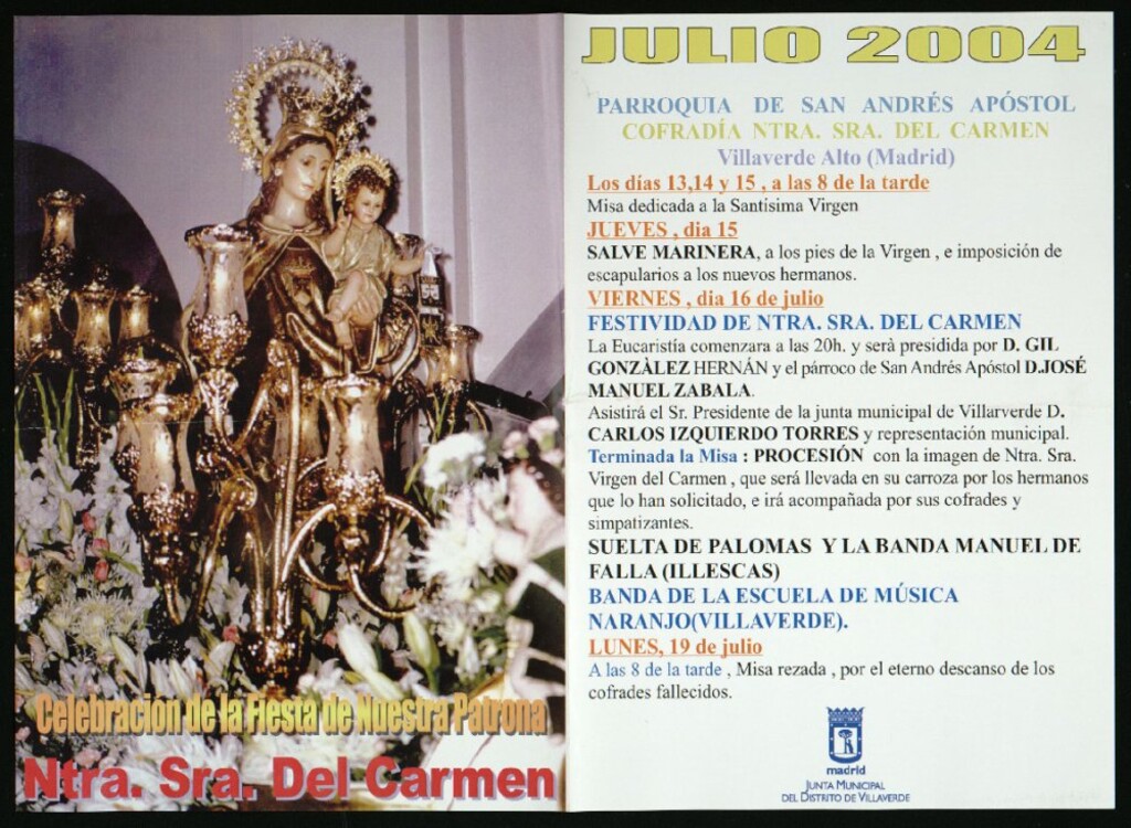Miniatura de Celebración de la fiesta de nuestra patrona Ntra. Sra. Del Carmen. Julio 2004. Parroquia de San Andrés apostol. Cofradía Ntra. Sra. Del Carmen. Villaverde Alto (Madrid) Los días 13, 14 y 15 a las 8 de la tarde. (Programa).