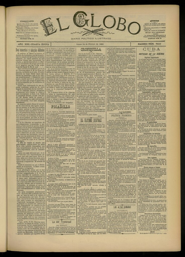 Miniatura de El Globo : diario ilustrado del 24 de febrero de 1896, nº 7405