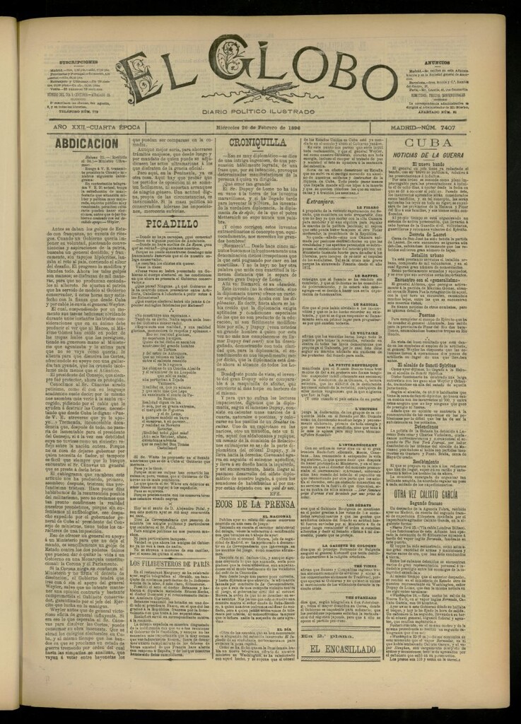 Miniatura de El Globo : diario ilustrado del 26 de febrero de 1896, nº 7407
