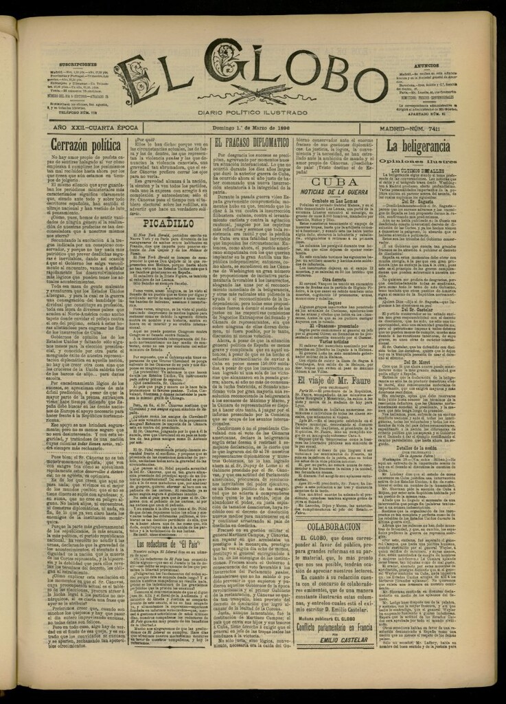 Miniatura de El Globo : diario ilustrado del 1 de marzo de 1896, nº 7411 [sic]