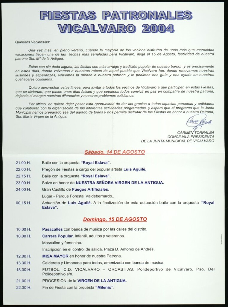 Miniatura de Fiestas patronales 2004. 14 y 15 de agosto. Carta a los vecinos de la concejala presidenta de la Junta municipal de Vicálvaro. (Programa)