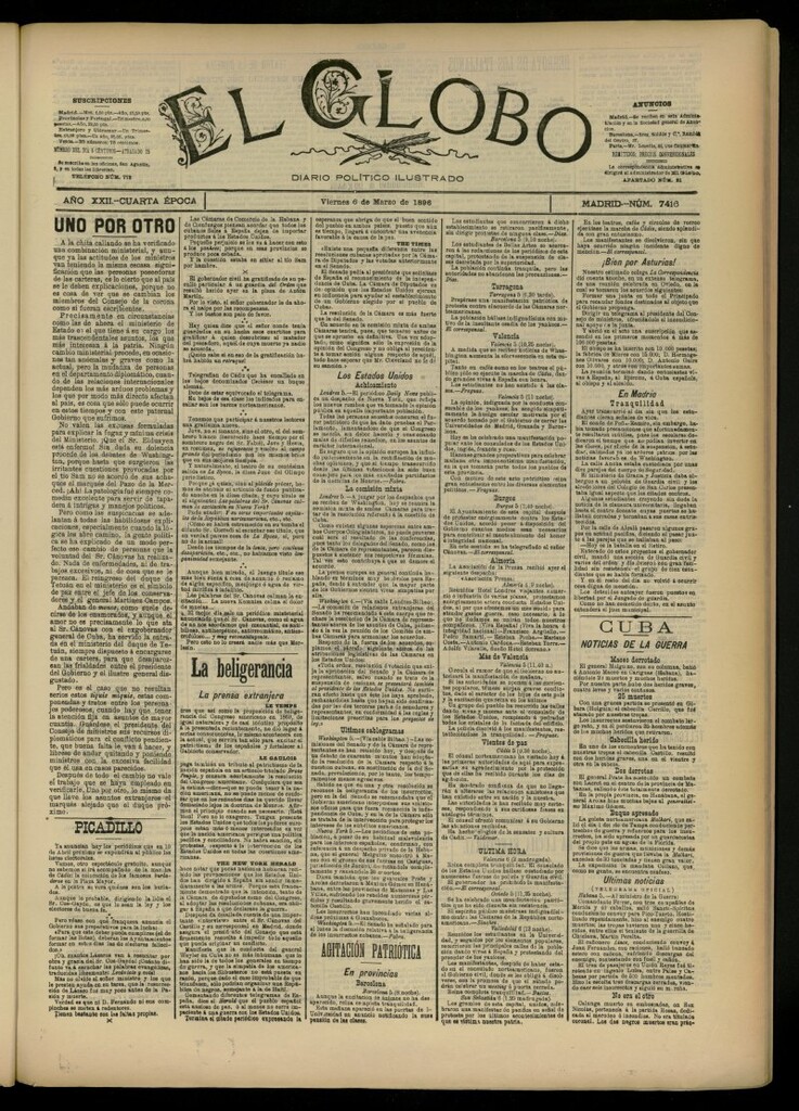 Miniatura de El Globo : diario ilustrado del 6 de marzo de 1896, nº 7416