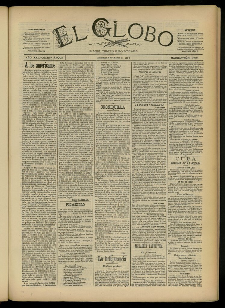 Miniatura de El Globo : diario ilustrado del 8 de marzo de 1896, nº 7418