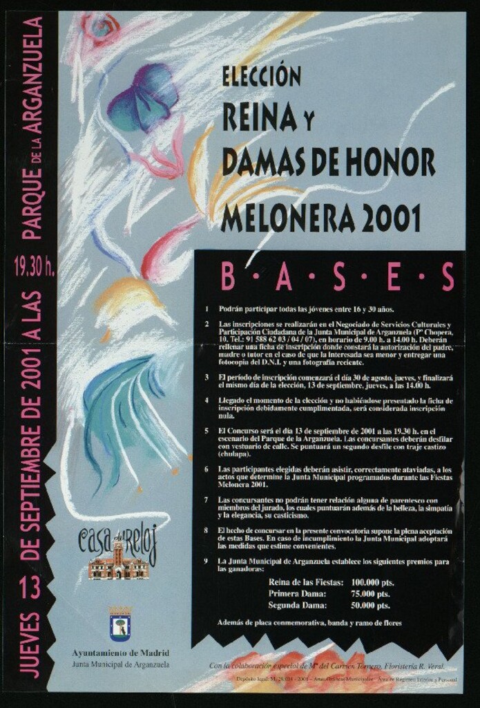 Miniatura de Elección Reina y damas de honor Melonera 2001. Jueves 13 de septiembre de 2001 a las 19:30. Parque de la Arganzuela. Casa del Reloj (Bases)