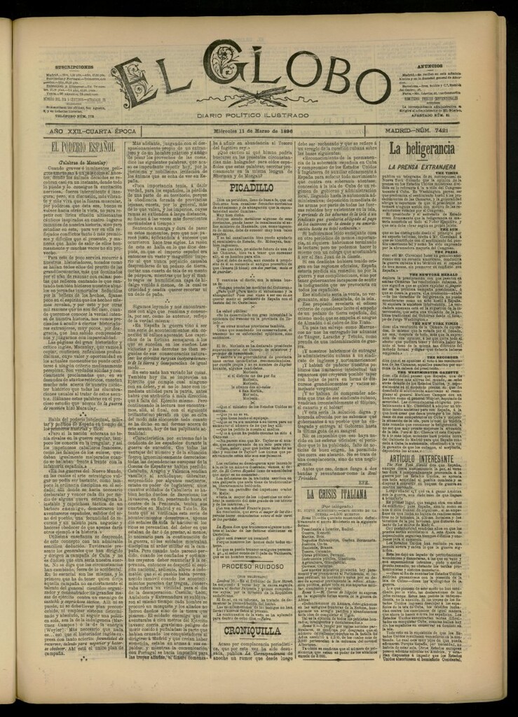 Miniatura de El Globo : diario ilustrado del 11 de marzo de 1896, nº 7421
