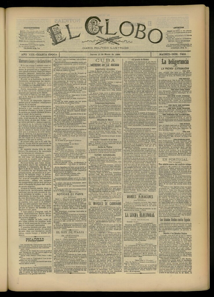 Miniatura de El Globo : diario ilustrado del 12 de marzo de 1896, nº 7422