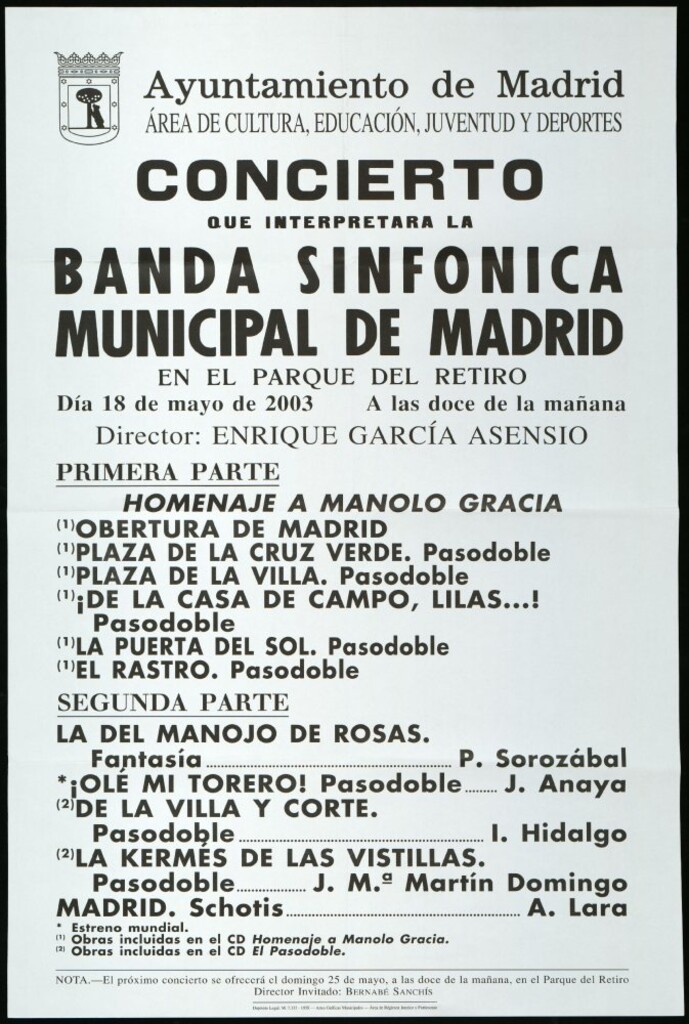 Miniatura de Concierto que interpretará la Banda sinfónica municipal de Madrid en el Parque del Retiro. Día 18 de mayo de 2003. A las doce de la mañana. Director invitado: Enrique García Asensio