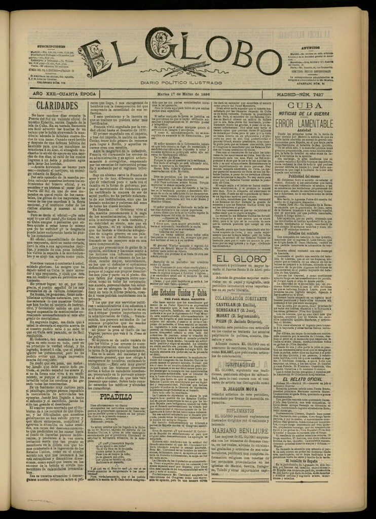 Miniatura de El Globo : diario ilustrado del 17 de marzo de 1896, nº 7427