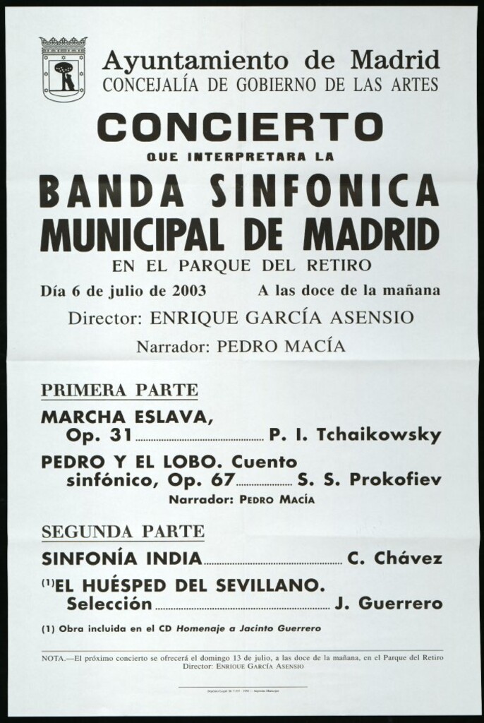 Miniatura de Concierto que interpretará la Banda sinfónica municipal de Madrid en el Parque del Retiro. Día 6 de julio de 2003. A las doce de la mañana. Director invitado: Enrique García Asensio.