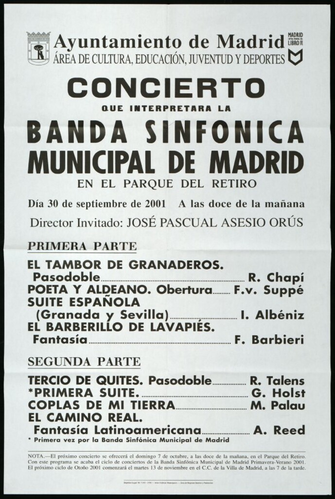Miniatura de Concierto que interpretará la Banda sinfónica municipal de Madrid en el Parque del Retiro. Día 30 de septiembre de 2001. A las doce de la mañana. Director invitado: José Pascual Asensio Orús