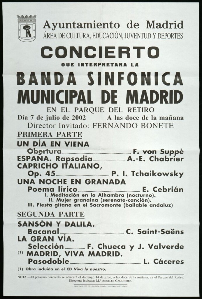 Miniatura de Concierto que interpretará la Banda sinfónica municipal de Madrid en el Parque del Retiro. Día 7 de julio de 2002. A las doce de la mañana. Director invitado: Fernando Bonete.