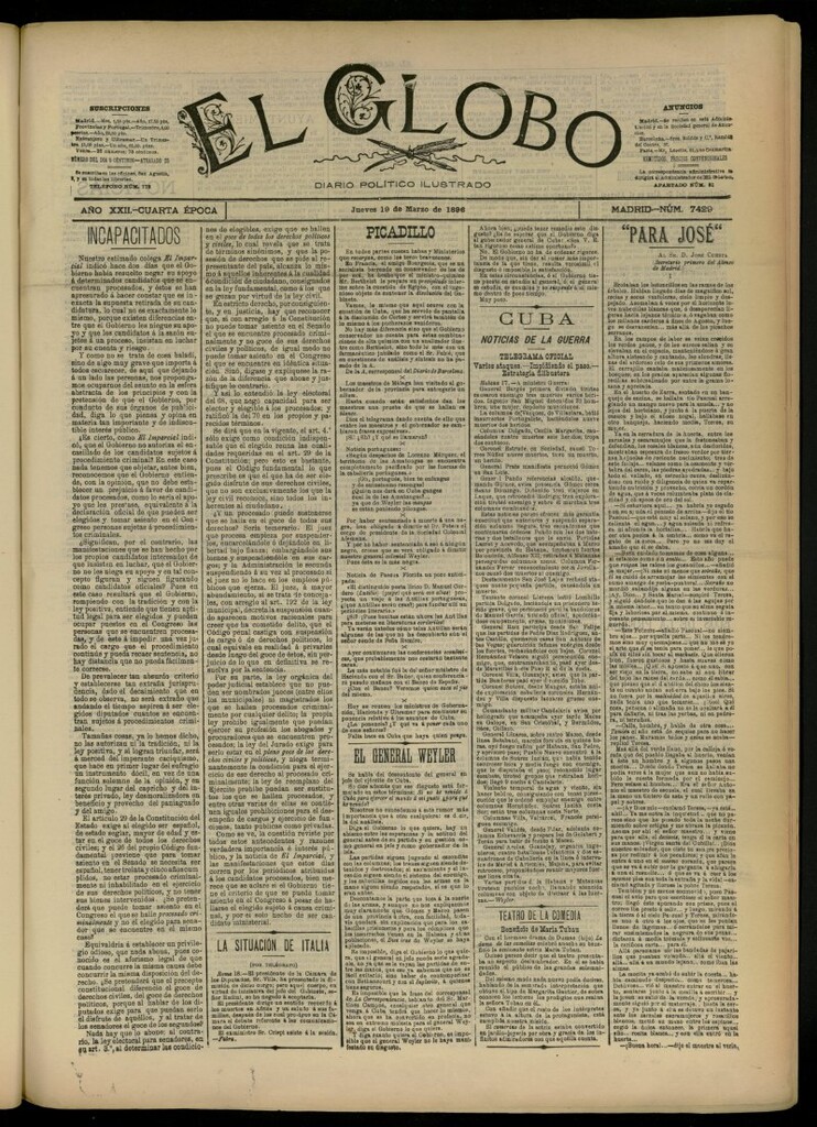 Miniatura de El Globo : diario ilustrado del 19 de marzo de 1896, nº 7429