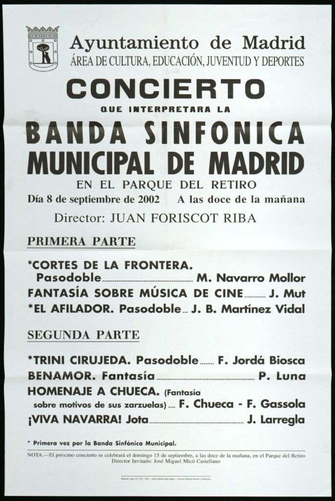Miniatura de Concierto que interpretará la Banda sinfónica municipal de Madrid en el Parque del Retiro. Día 8 de septiembre de 2002. A las doce de la mañana. Director invitado: Juan Foriscot.
