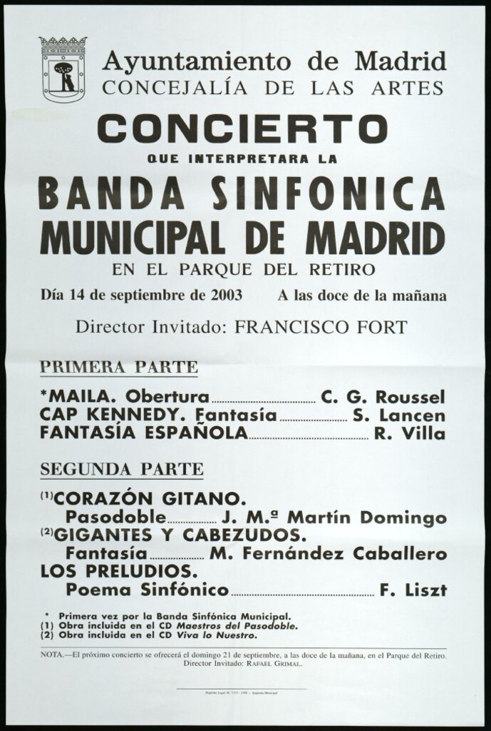 Miniatura de Concierto que interpretará la Banda sinfónica municipal de Madrid en el Parque del Retiro. Día 14 de septiembre de 2003. A las doce de la mañana. Director invitado: Francisco Fort.