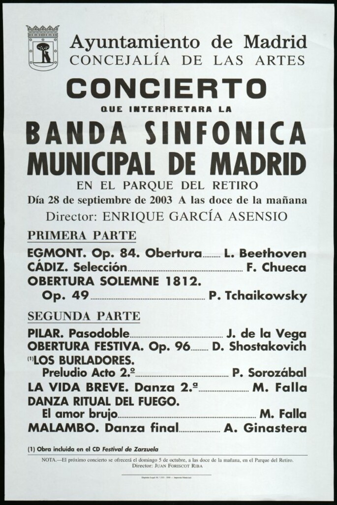 Miniatura de Concierto que interpretará la Banda sinfónica municipal de Madrid en el Parque del Retiro. Día 28 de septiembre de 2003. A las doce de la mañana. Director invitado: Enrique García Asensio.