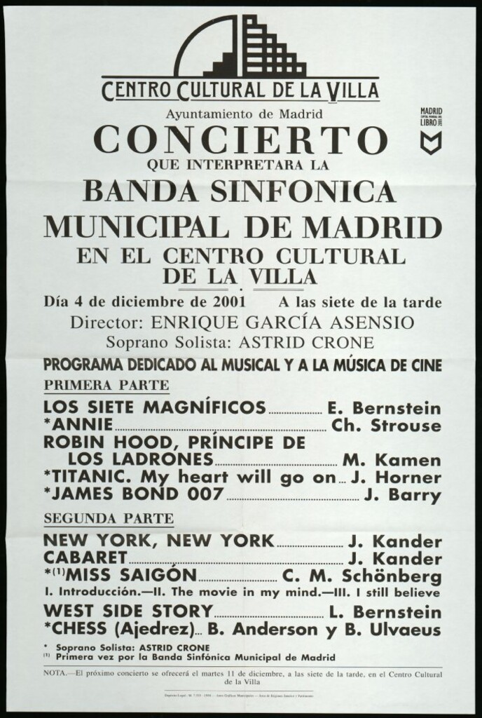Miniatura de Concierto que interpretará la Banda sinfónica municipal de Madrid en el centro cultural de la Villa. Día 4 de diciembre de 2001 a las siete de la tarde. Director invitado: Enrique García asensio. Programa dedicado al musical y a la música de cine.