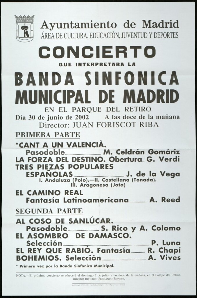 Miniatura de Concierto que interpretará la Banda sinfónica municipal de Madrid en el parque del Retiro. Día 30 de junio de 2002 a las doce de la mañana. Director invitado: Juan Foriscot.