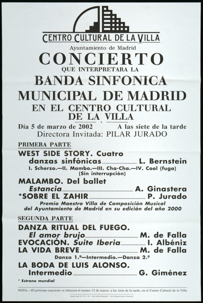 Miniatura de Concierto que interpretará la Banda sinfónica municipal de Madrid en el centro cultural de la Villa. Día 5 de marzo de 2002 a las siete de la tarde. Directora invitada: Pilar Jurado .