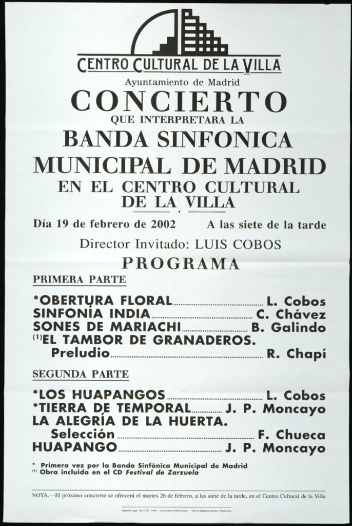 Miniatura de Concierto que interpretará la Banda sinfónica municipal de Madrid en el centro cultural de la Villa. Día 19 de febrero de 2002 a las siete de la tarde. Director invitado: Luis Cobos.