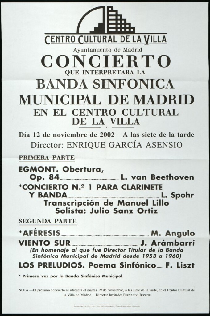 Miniatura de Concierto que interpretará la Banda sinfónica municipal de Madrid en el centro cultural de la Villa. Día 12 de noviembre de 2002 a las siete de la tarde. Director invitado: Enrique García Asensio.
