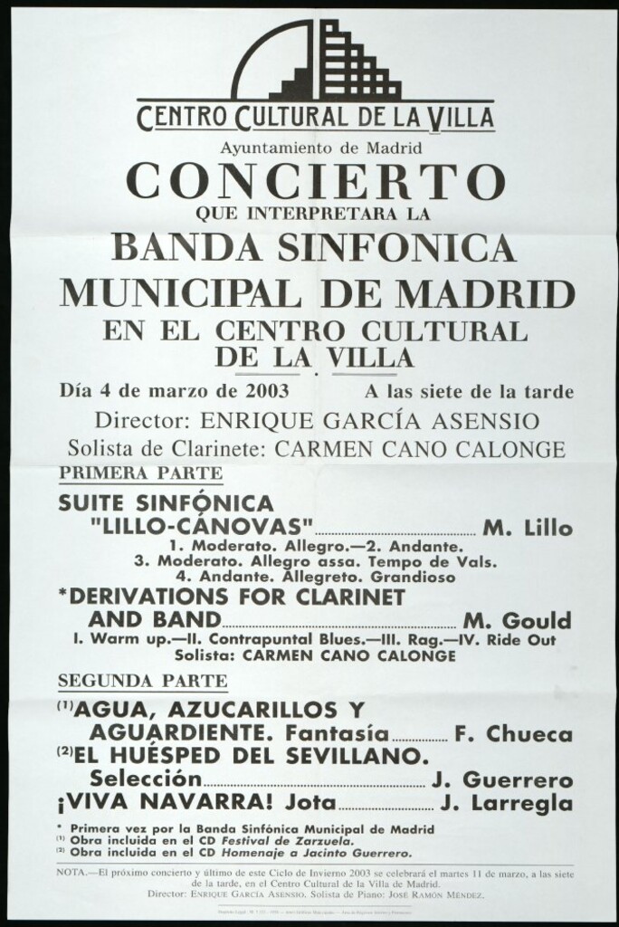 Miniatura de Concierto que interpretará la Banda sinfónica municipal de Madrid en el centro cultural de la Villa. Día 4 de marzo de 2003 a las siete de la tarde. Director :  Enrique García Asensio.  Solista de clarinete: Carmen Cano Calonge.