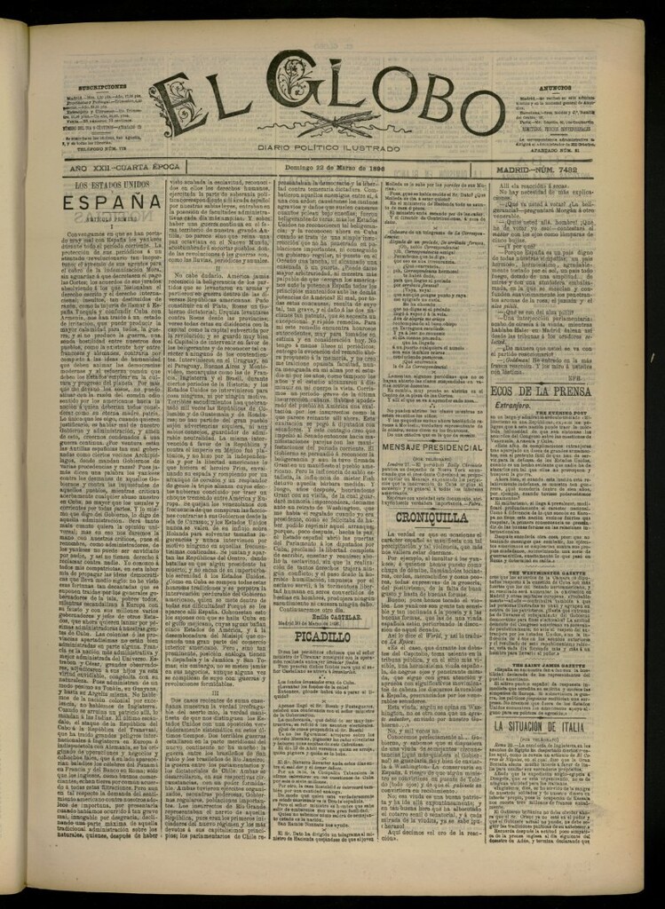 Miniatura de El Globo : diario ilustrado del 22 de marzo de 1896, nº 7432