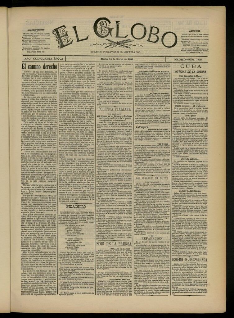 Miniatura de El Globo : diario ilustrado del 24 de marzo de 1896, nº 7434