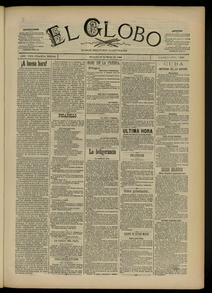 Miniatura de El Globo : diario ilustrado del 25 de marzo de 1896, nº 7435