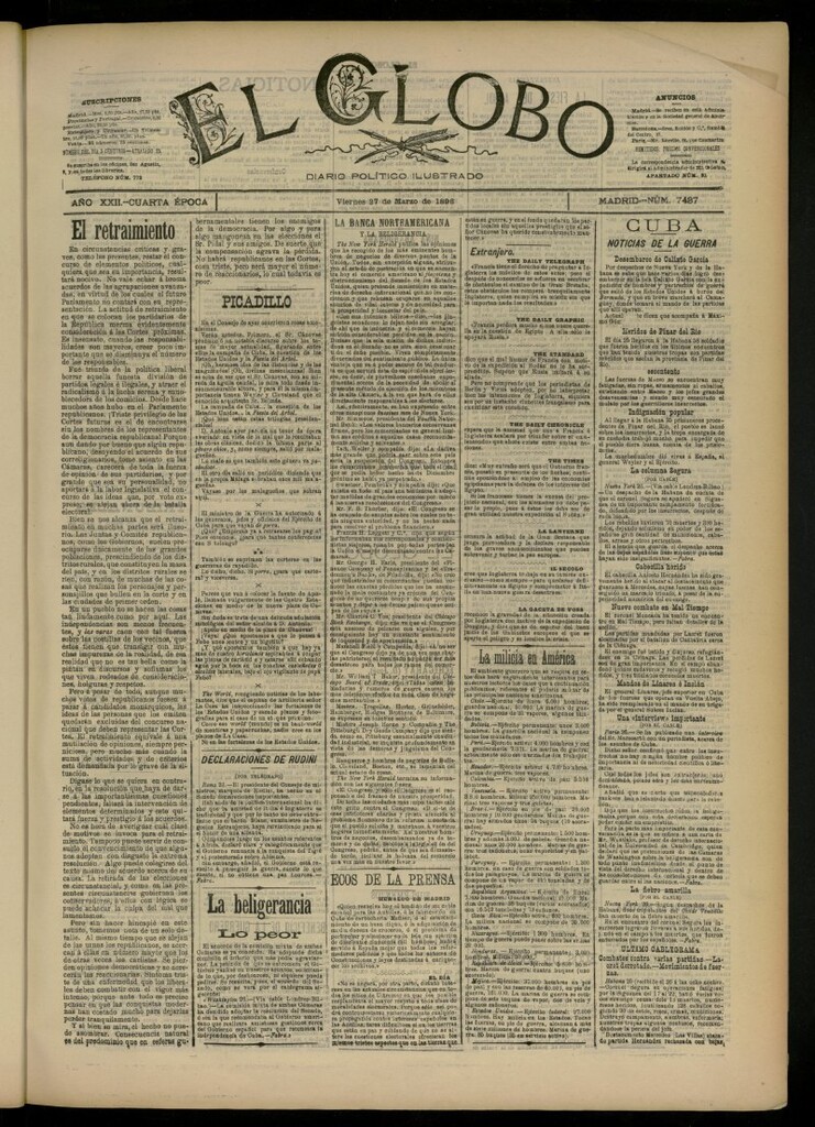 Miniatura de El Globo : diario ilustrado del 27 de marzo de 1896, nº 7437