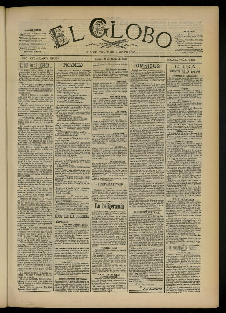 Miniatura de El Globo : diario ilustrado del 28 de marzo de 1896, nº 7438