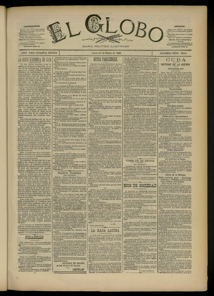 Miniatura de El Globo : diario ilustrado del 30 de marzo de 1896, nº 7440