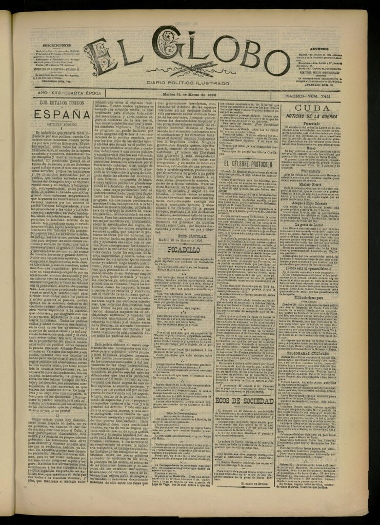 Miniatura de El Globo : diario ilustrado del 31 de marzo de 1896, nº 7441