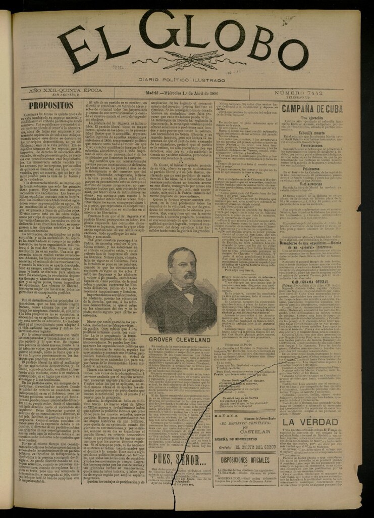 Miniatura de El Globo : diario ilustrado del 1 de abril de 1896, nº 7442