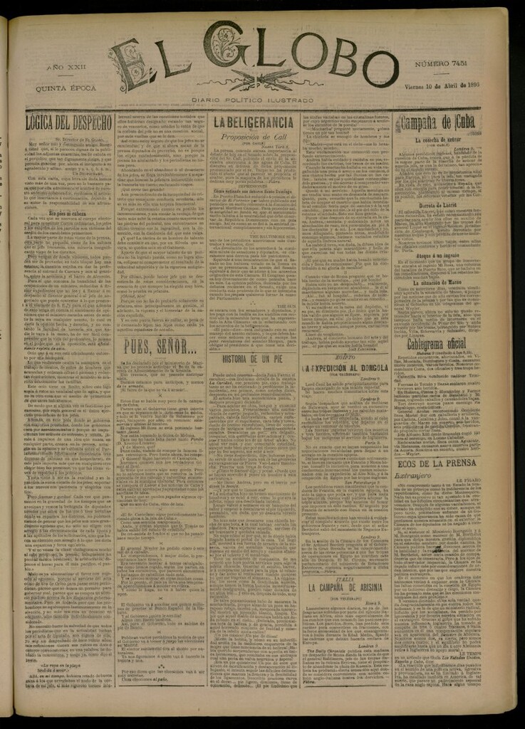Miniatura de El Globo : diario ilustrado del 10 de abril de 1896, nº 7451