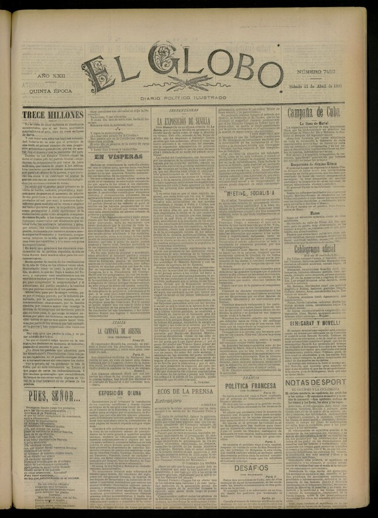 Miniatura de El Globo : diario ilustrado del 11 de abril de 1896, nº 7452