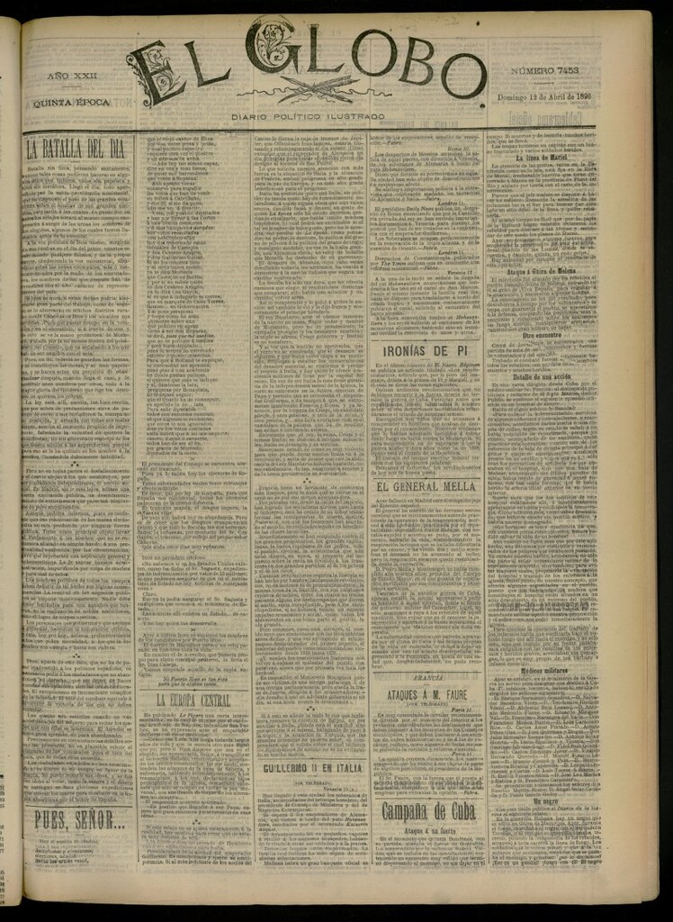 Miniatura de El Globo : diario ilustrado del 12 de abril de 1896, nº 7453